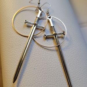 Silver metal sword earrings